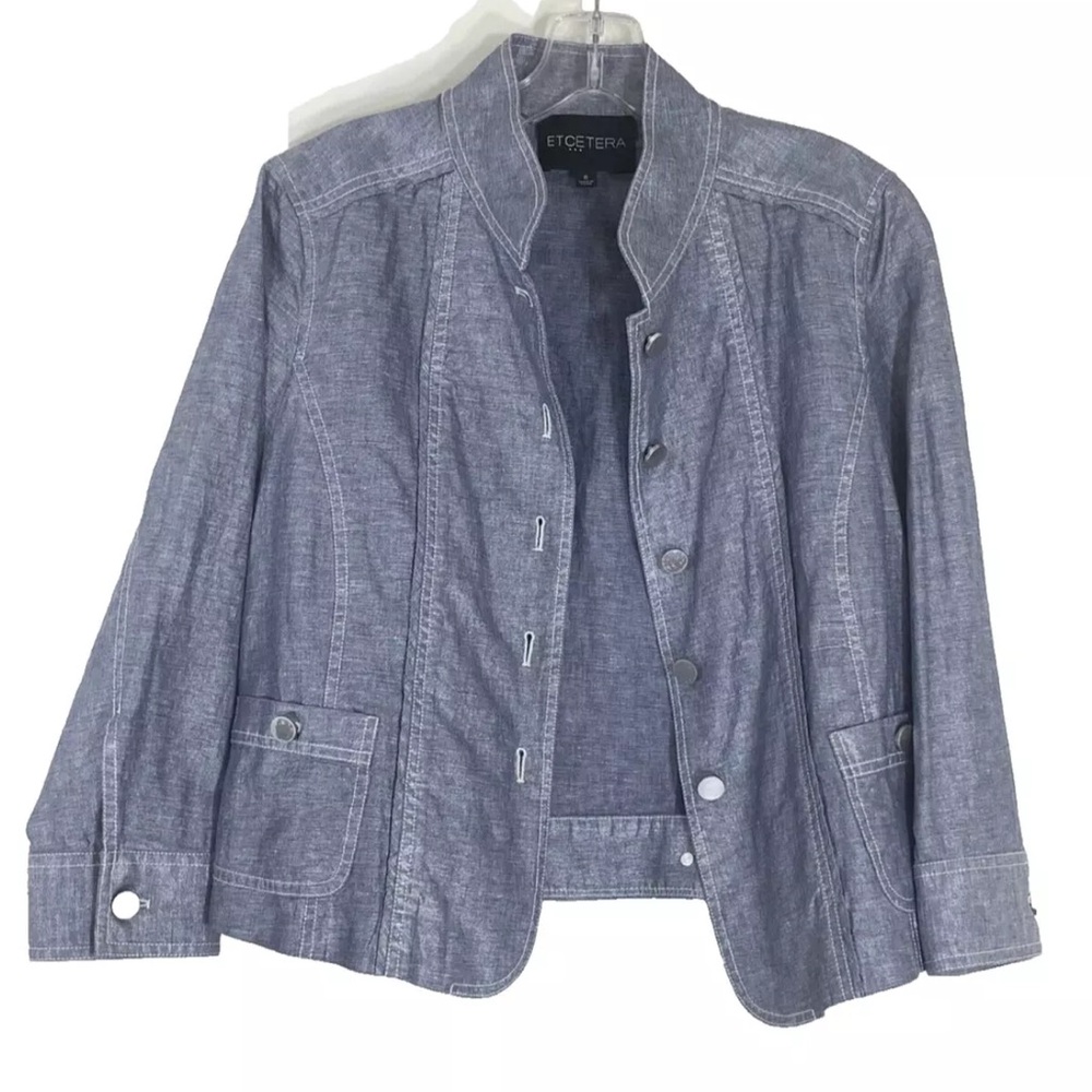 ETCETERA Basic Jacket 3/4 Sleeve Front Buttons Pockets Metallic Blue Size-6